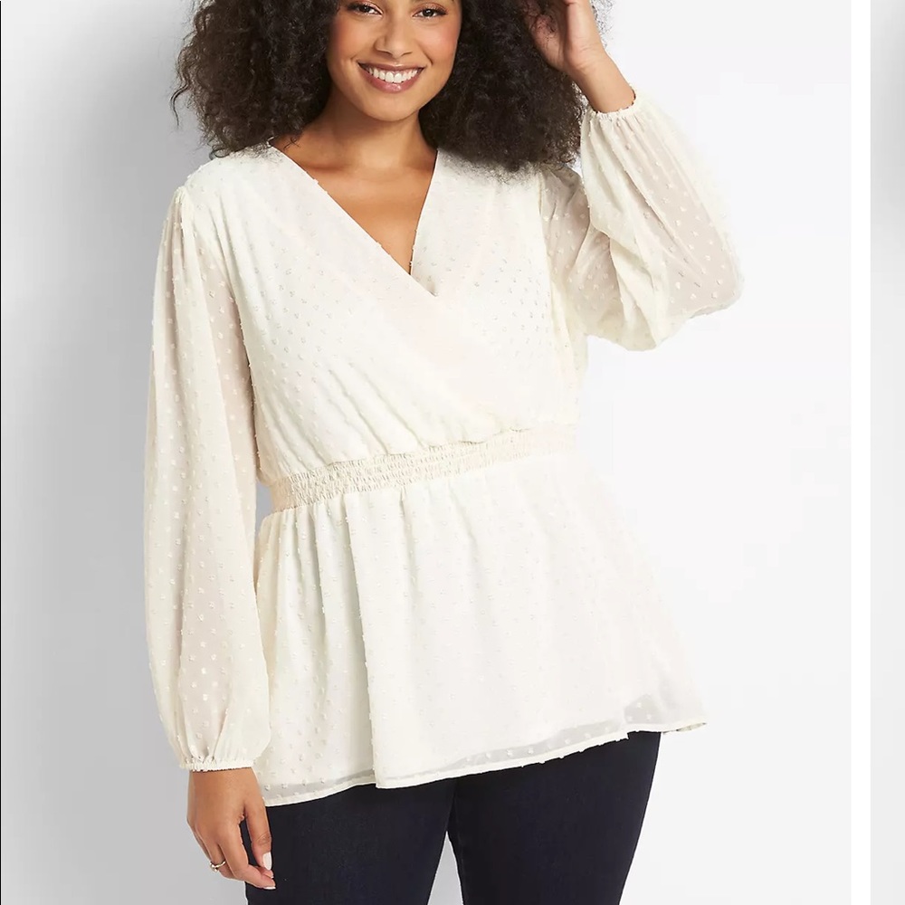 Lane Bryant Cream Surplice Clip Dot Peplum Blouse 14-16